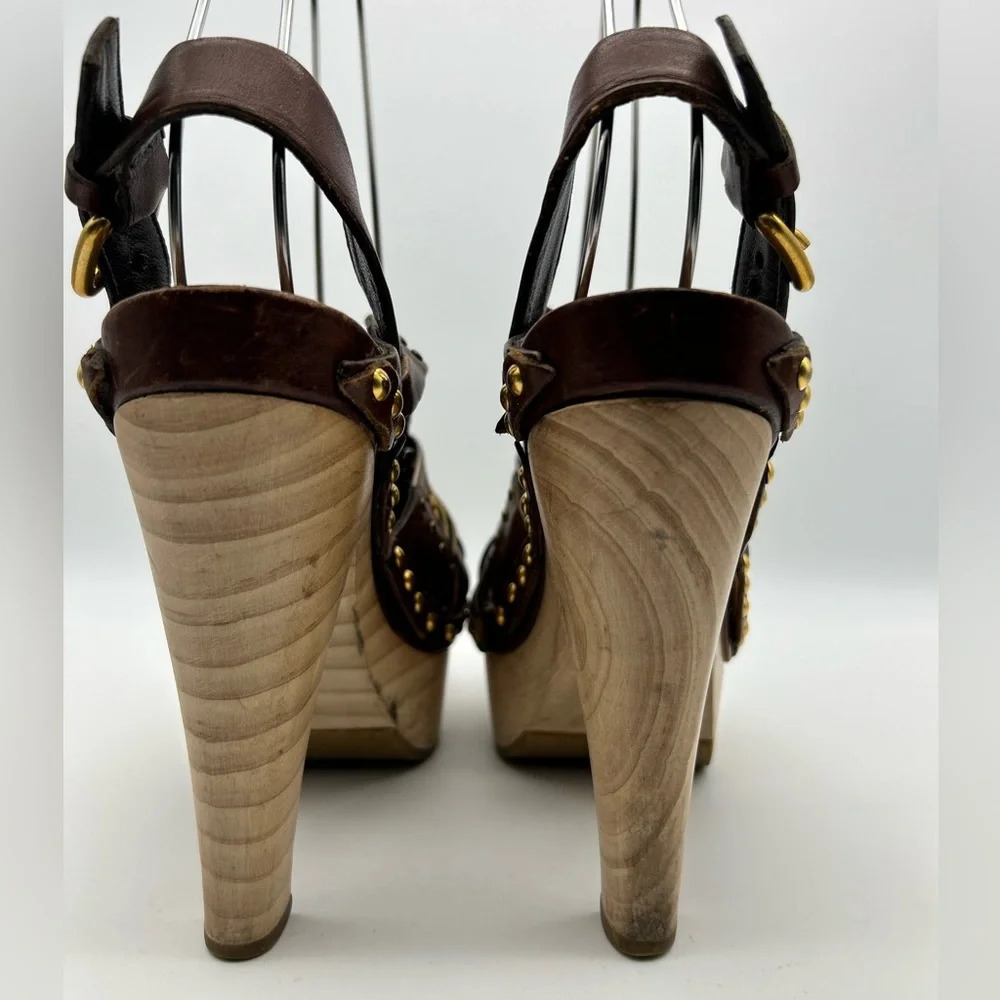 Miu Miu 36 Heel Sling Clog Wedge Platform Stud Brown Leather Wood Y2k boho tall - Picture 7 of 15
